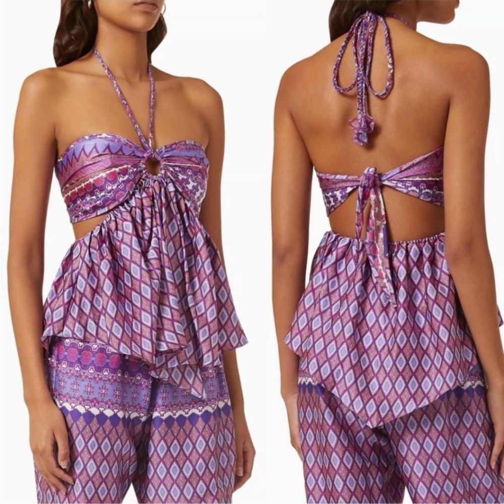 Misa Los Angeles Purple Patterned Halter Cutout Peplum Top